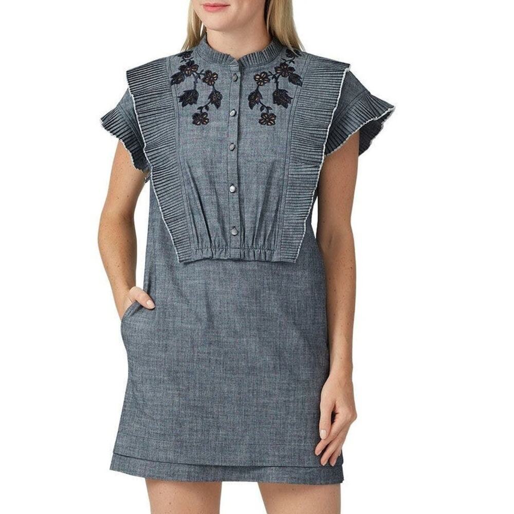 COACH Blue Chambray Prairie Mini Dress Sz 4 Floral Broderie Anglaise Cottagecore